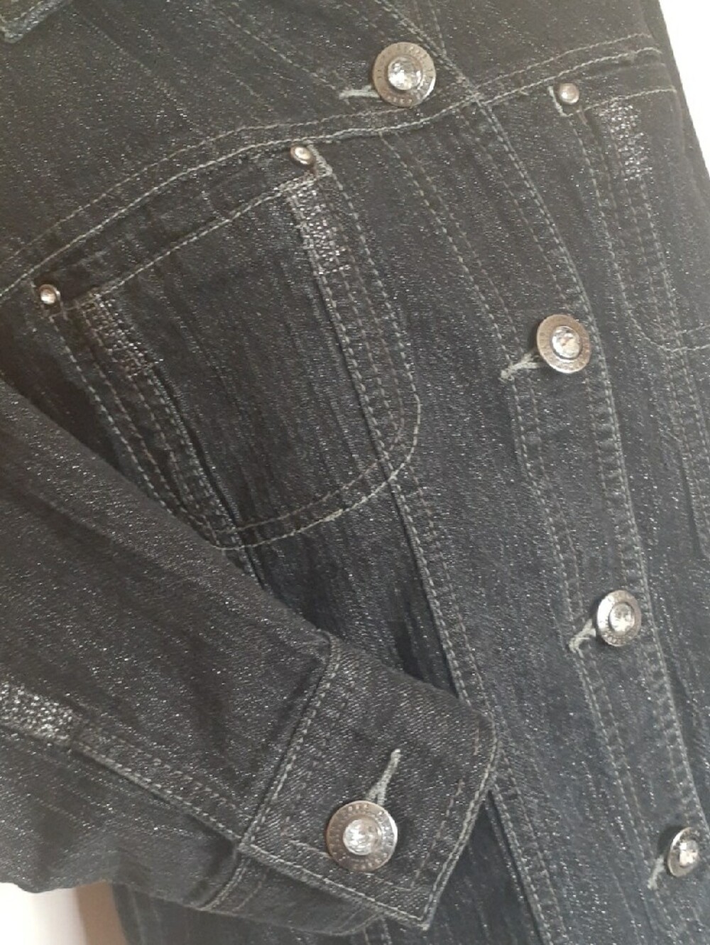 Simon Chang Black Jean Jacket with Subtle Metallic Thread - Sz 10 - Picture 5 of 13